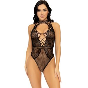LEG AVENUE - BODY CON ESCOTE HALTER Y ABERTURA ESPALDA DE ENCAJE TALLA ÚNICA