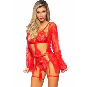 LEG AVENUE - 86123 SET BODY + BATA DE LIGUERO ROJO TALLA S